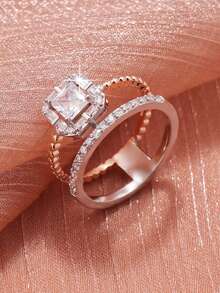 1pc Fashion Geometric Dual Layer Dual Tone Design Inlaid Classic Shiny Square Synthetic Cubic Zirconia Ring, Suitable For Women, Suitable For Wedding/Party/Birthday Gift For Friends And Mothers