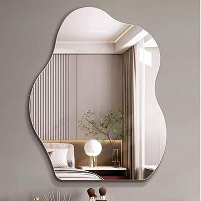 مرآة حائط بشكل سحابة من الأكريليك، مرآة حمام لاصقة ناعمة، مرآة مكياج غير متماثلة، بدون الحاجة إلى ثقب