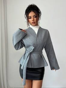 LilyHouse Women's Solid Color Elegant Daily Casual Office/Work Commute Overlap Collar Belted Drop Shoulder Long Sleeve Woolen Coats Fall/Winter Women Clothes