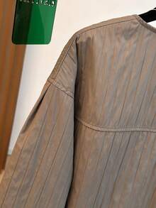 Women's Casual Jacket, Striped Woven Fabric, Pockets, Zipper, Puff Shoulder Design, Oversized Fit, Suitable For Various Figures, High-Quality Solid Color, Simple & Fashionable, Versatile For Daily Commute In Autumn/Winter - Grey - View 8