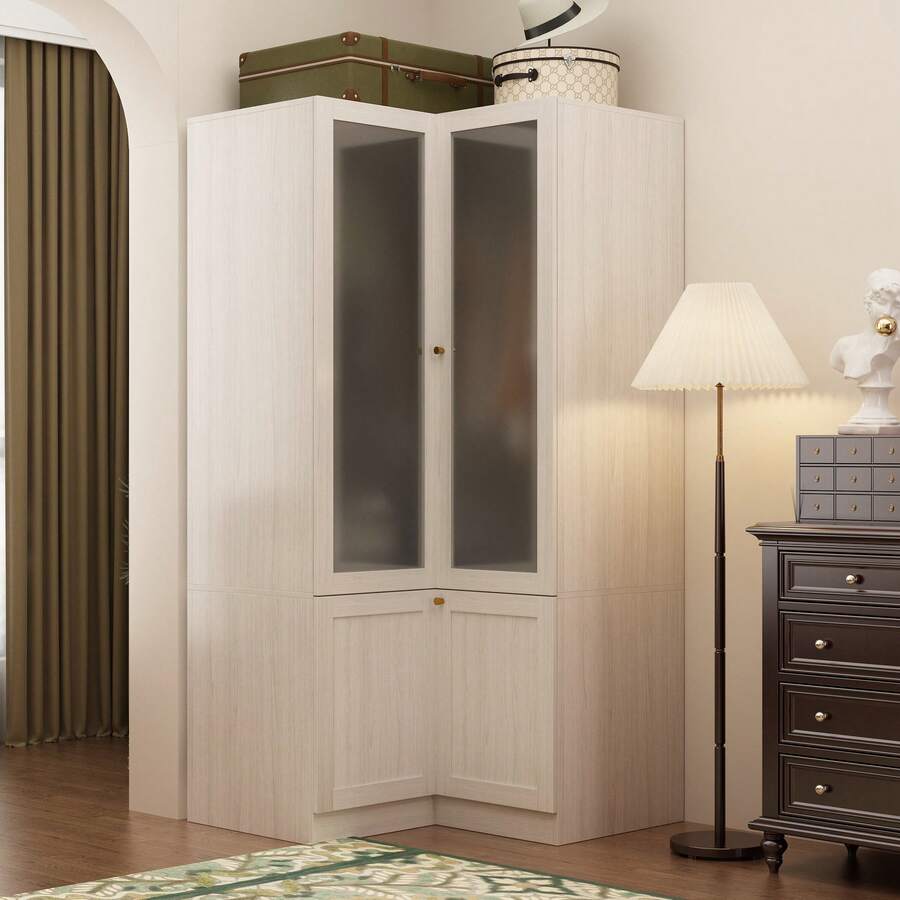 FUFU&GAGA Corner Wardrobe Armoire With Frosted Glass Doors, L-Shaped Closet Cabinet With Shelves And Hanging Rail For Bedroom - 暖白色 - 查看 1