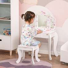 HOMCOM Toeletta per Bambini con Sgabello in Legno, Tavolo Trucco con Triplo Specchio, 63x40x85.5cm - Rosa - Visualizzare 1