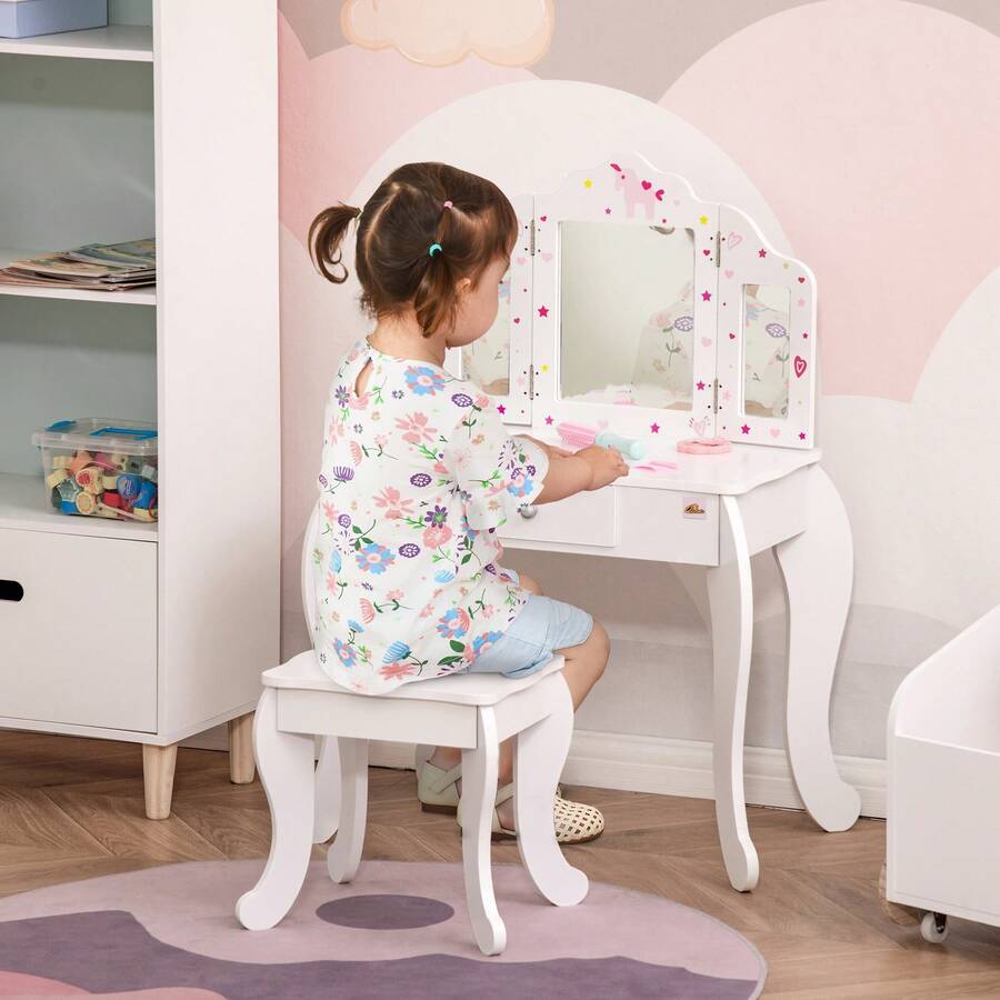 HOMCOM Toeletta per Bambini con Sgabello in Legno, Tavolo Trucco con Triplo Specchio, 63x40x85.5cm - Rosa - Visualizzare 1
