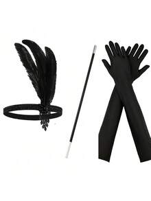 1920年代女士派对化妆舞会头饰耳环羽毛派对复古优雅性感高端头饰2-3件套，适合万圣节派对 - 黑色 - 查看 3