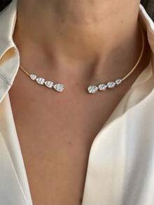 Stonefans Fashion Waterdrop Rhinestone Necklace, Metal Ring Minimalist Open Collar Twist Necklace For Women - Gold - View 1