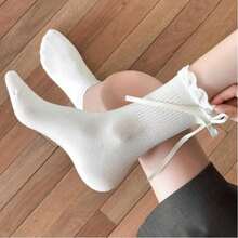 1 双女士秋冬新款蝴蝶结芭蕾袜，纯色蕾丝边甜美中筒袜，百搭日常穿着 - 彩色 - 查看 11