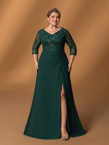 Faeriesty Mosy ​Plus Size Mother Of The Bride Dress: Elegant V-Neck, 7/8 Sleeve & Lace Bodice, Flattering Thigh Slit, Ruched Mermaid Skirt - Perfect For Formal Weddings, Gala Dinners, Black-Tie Events, Grand Celebrations​