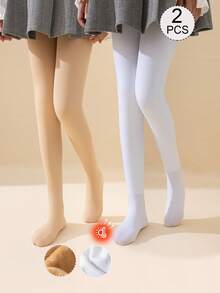 2条装女童婴儿打底裤，纯色可选白色、米色、肤色、卡其色、驼色，踩脚裤，带保暖内衬，适合日常穿着，简约百搭，薄绒面料，触感光滑柔软，亲肤舒适，风格多样，包括学院风、公主风、可爱风，搭配基础袜 - 彩色 - 查看 20