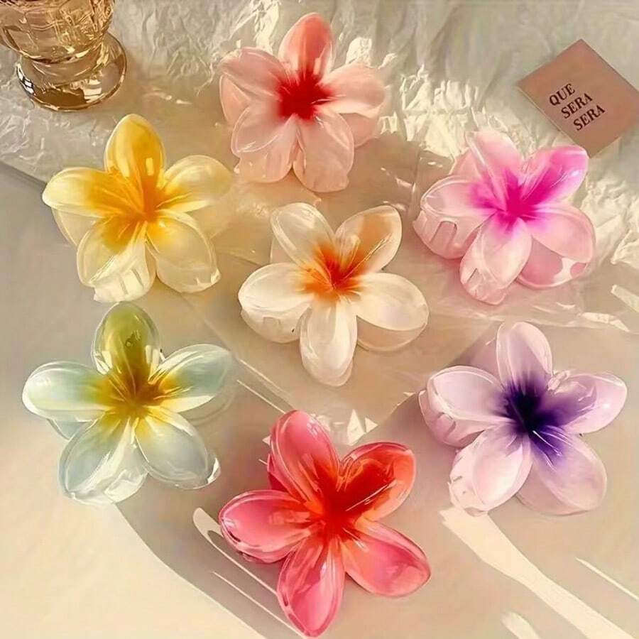A Set Of 3 Gradient-Colored Flower Hair Clips For Women - Made Of Plastic With Mixed Colors, Casual Style, Suitable For Outings And Commuting, An Ideal Gift For A Woman's Birthday. - 彩色 - 查看 1