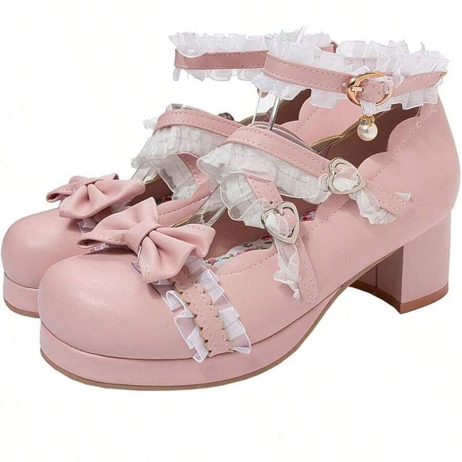 Women Lolita Cosplay Shoes Cross Strap Block Heel Mary Jane Lace Pumps-20256688 - Hồng1 - Xem 1