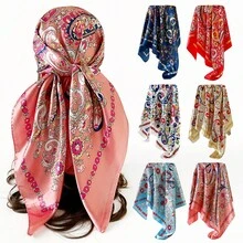 Cashew Printed Silk Scarf 90cm Ladies, Printed Square Scarves, Silk Scarves, Glossy Fabrics, Headscarves, Binding Bags, Decorative Silk Scarves And Scarves Suitable For Daily Use - D9168-藍色 - 查看 1