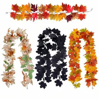 人造枫叶藤蔓，黑色和秋色枫叶南瓜花环，万圣节和感恩节派对装饰，DIY桌面花环，悬挂装饰，哥特式风格。适用于酒店、家居、客厅、卧室、个性化装饰、婚礼派对场景、墙面、户外花园、DIY楼梯扶手、窗帘、活动场地装饰。
