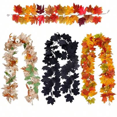 Guirnalda de hojas de arce artificial, guirnalda de hojas de arce de color negro y otoñal, decoración para fiestas de Halloween y Acción de Gracias, corona de mesa DIY, decoración colgante, estilo gótico. Adecuado para hotel, hogar, sala de estar, dormitorio, decoración personalizada, escenas de boda y fiesta, pared, jardín exterior, barandilla de escalera DIY, cortina de ventana, decoración de recinto de eventos