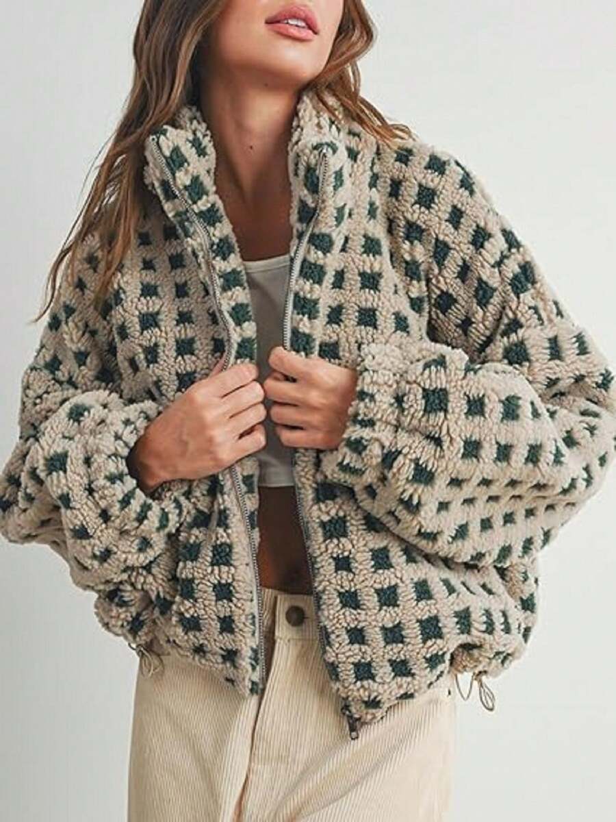 Sherpa Checkered Jacket For Women Plaid Zip Up Fleece Jacket With Pockets Winter Fall Fuzzy Cropped Coats - Green - View 1