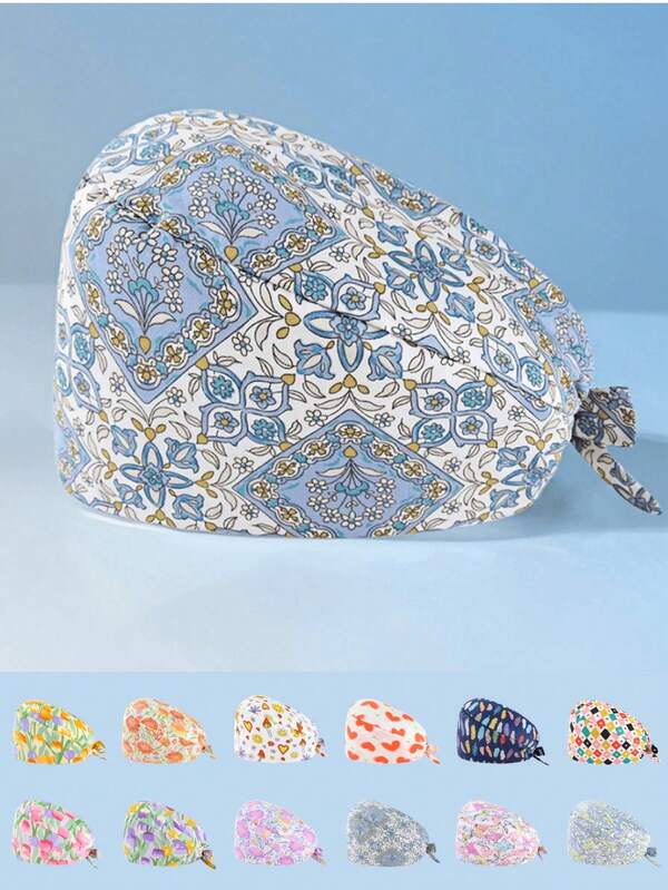 1pc Women's Polyester Floral & Heart Pattern V-Neck Digital Print Work Cap/Nurse Cap, Antibacterial & Dustproof, Suitable For Doctors, Nurses, Beauty Salons, Veterinary Clinics, Housekeepers And Cleaning Workers