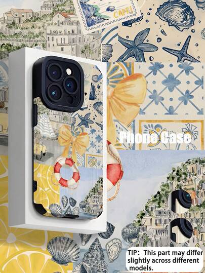 1pc Fashionable Car & Beach Lifesaver Graphic Vertical Striped Faux Leather Anti-Scratch Anti-Fingerprint Shockproof Phone Case Compatible With Apple And Models