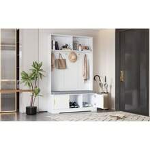 Zestaw szaf z ławką i półką na buty, wielofunkcyjna ławka ze schowkiem z 3 wieszakami i otwartą przestrzenią do przechowywania, prostokątna szafa z półkami do przedpokoju, kolor biały, wys. 190/szer. 120/gł. 40 - Biały + Płyta wiórowa - Zobacz 2