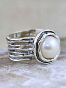 1枚波西米亚风复古个性化创意高品质银色仿珍珠戒指，适合婚礼、订婚、日常佩戴、节日、派对、旅行等场合。 - 復古銀色 - 查看 1