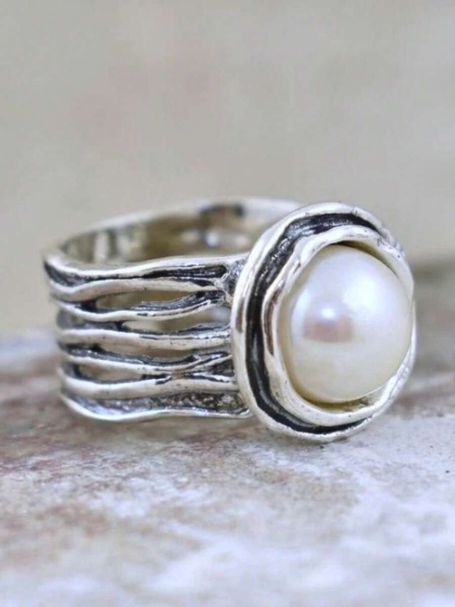 1枚波西米亚风复古个性化创意高品质银色仿珍珠戒指，适合婚礼、订婚、日常佩戴、节日、派对、旅行等场合。 - 復古銀色 - 查看 1