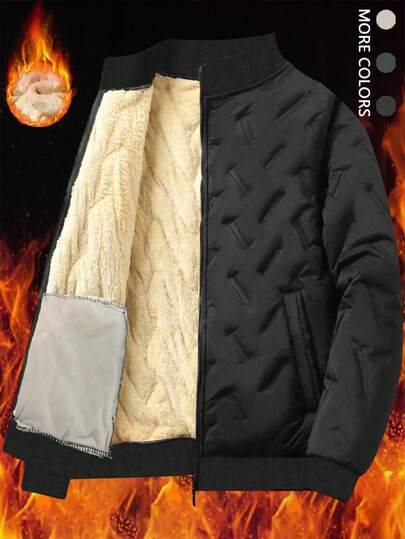 Men'S Casual Fleece Jacket - Black Stand Collar, Zip-Up With Pockets, Polyester Lining, Perfect For Fall & Winter, Winter Casual Wear | Stand Collar Jacket | Zippered Jacket