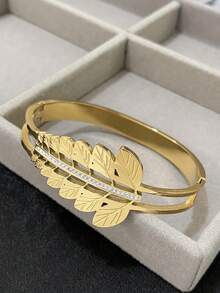 1 pièce Bracelet épais ajouré en forme de feuille pour femmes, bracelet jonc doré en acier inoxydable. Bracelets pour usage quotidien, fête, anniversaire, Noël, cadeaux de bijoux - Multicolore - Voir 12