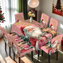 1/4/5/6/7/36 pièces Ensemble de housse de chaise/housse imprimé Père Noël tenant une boîte-cadeau et renne, convient pour la maison, le restaurant, l'hôtel, idéal pour la décoration quotidienne moderne. La nappe s'adapte à une table de salle à manger carrée, la housse de chaise élastique est lavable.