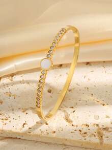 1 pieza Brazalete clásico de acero inoxidable bellamente brillante con disco incrustado de circonita sintética de colores, para uso diario de hombres, mujeres y parejas, ideal como regalo de vacaciones