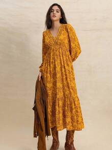 Rusttydustty Vestido romántico de mujer estilo bohemio con cuello en V, encaje y flores multicolor, adecuado para bodas, San Valentín, Año Nuevo y otras ocasiones, también apropiado para uso en fiestas