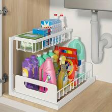 LISM 2 Tier Under Sink Organizers And Storage, Under Sink Organizer, Slide Out Pull Out Cabinet Organizer Shelf, Metal Sliding Drawer For Kitchen Bathroom Pantry Cabinet Closet Organization Rack