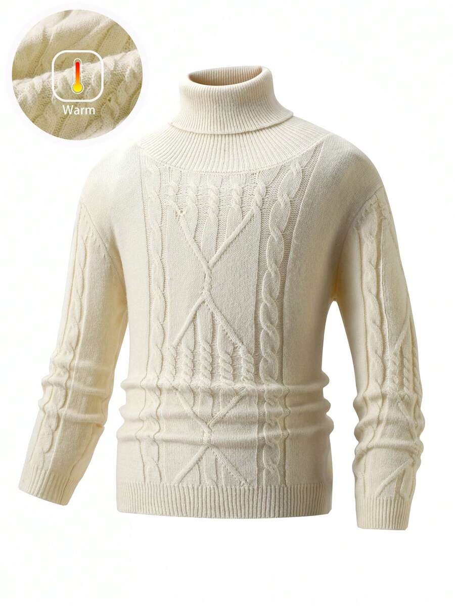 Tween Boys' Solid Color Cable Knit High Collar Sweater, School Style, Suitable For Spring, Autumn, Winter - Apricot - View 1