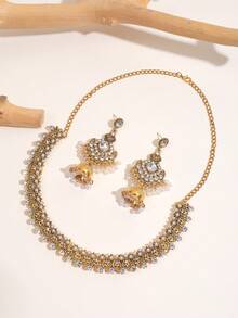 3pcs Vintage Bohemian Palace Exotic Pearl Beaded Tassel Rhinestone Earrings & Necklace Set