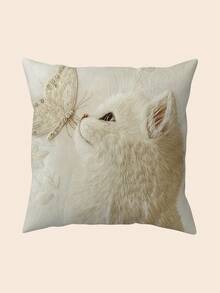 1 件 2D 平面印花白猫和蝴蝶枕套，18 英寸 X 18 英寸 - 非真刺绣，柔软舒适的装饰靠垫套，适用于农舍、办公室、家庭、客厅、卧室装饰 | 精美装饰抱枕，不含枕芯，2D 平面 - 米色 - 查看 14