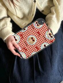 1pc Retro Cute Animal Original Illustration | Brick Red Plaid Pattern Design _ Sweet & Cute Style Shockproof Tablet Case, Built-In 360 Degree Thick Anti-Drop 10th Gen 10.9" Protective Tablet Cover, Portable Leather 10.2" Tablet Protective Case - Multicolor - View 3