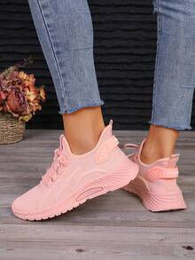 4 Season New Knit Mesh Breathable Lace-Up Casual Sneakers, Comfortable Elastic Soft Sole Outdoor Running Shoes, Walking Shoes, Commuting Shoes, Fitness Shoes - Pink - View 3