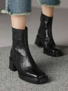 秋冬女士切尔西靴，皮革鞋面，粗跟，方头，保暖内衬，弹性面料，修身剪裁，短款踝靴，靴子 - 黑色 - 查看 2