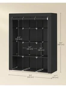 Portable 51. 2-Inch Large Capacity 3-Tier Non-Woven Fabric Closet Organizer With Hanging Rods And Shelves, Black, For Bedroom And Living Room