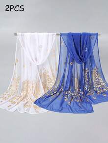 1 件女士时尚简约铝箔凤凰羽毛印花透气柔软纯色经典围巾披肩 - 彩色 - 查看 26