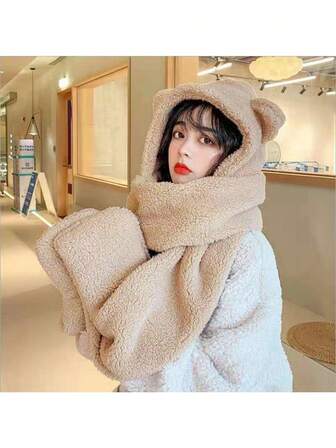 Plush Bear Ear Beanie Scarf Set, Cute Knitted Winter Hat For Women, Warm Thermal Lined Fall