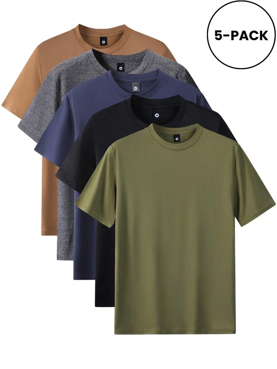 5pcs/Set Men's Regular Fit Summer Short Sleeve T-Shirts, Casual Basic Solid Color Tees For Outdoor Sports Like Running, Golf, Fishing, Basketball, Camping, Gym, Swimming, Beach, Suitable As Gifts For Husband, Boyfriend