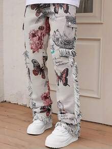 Men's Fashion Jeans Butterfly Floral Jacquard Fringe Hem Trousers Multi-Pocket Cargo Pants Slim Straight Pants Streetwear - 白色 - 查看 6