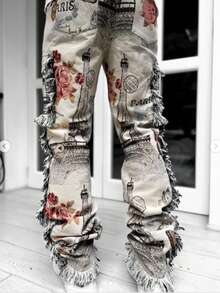 Men's Fashion Jeans Butterfly Floral Jacquard Fringe Hem Trousers Multi-Pocket Cargo Pants Slim Straight Pants Streetwear - 白色 - 查看 2