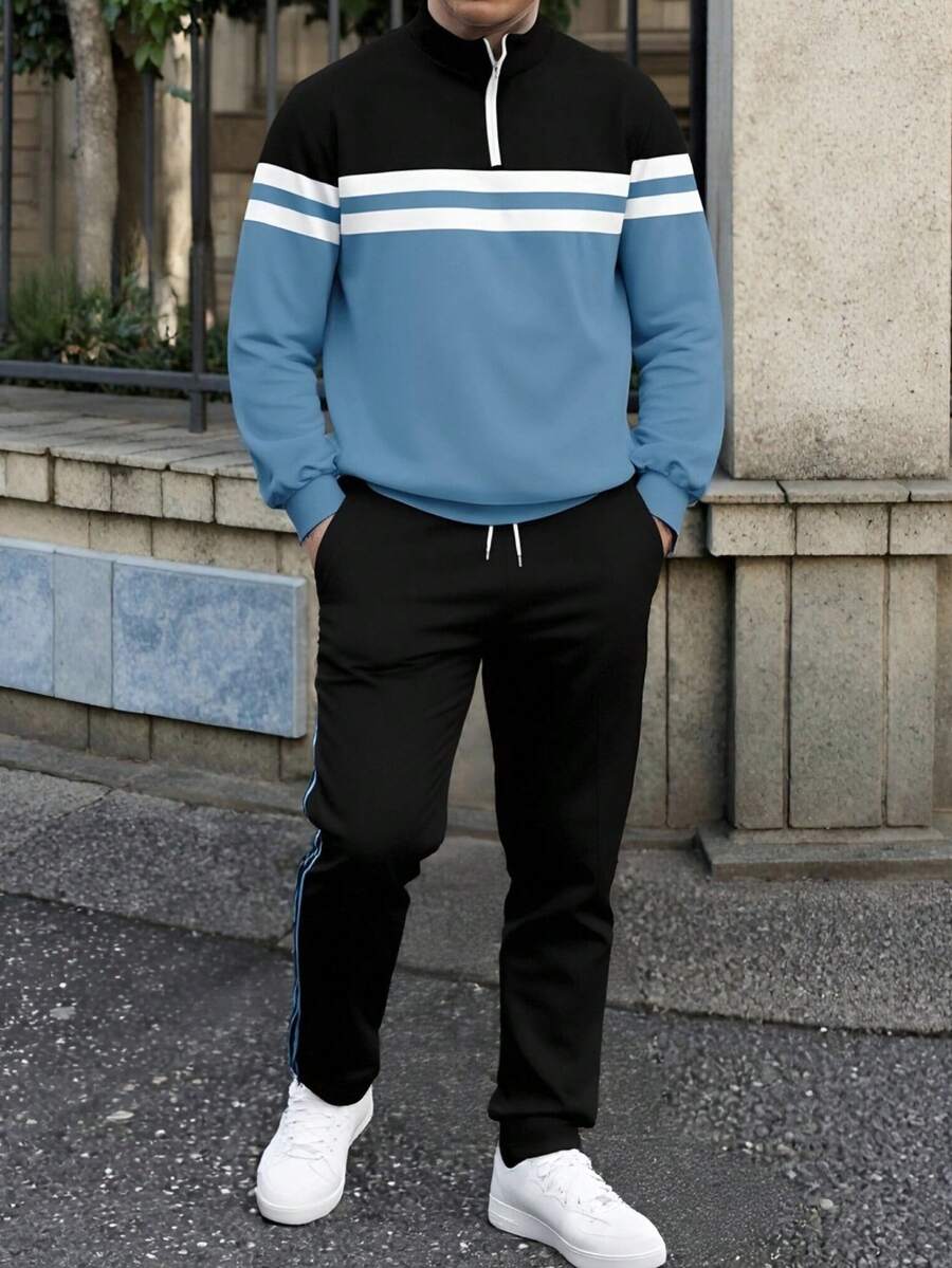 Men's Fashion Colorblock Striped Patchwork Half-Zip Sweatshirt And Pants Set, Fall Clothes - 彩色 - 查看 1