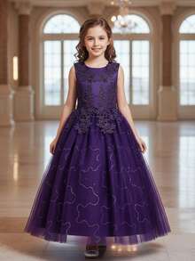 Flower Girls Tulle Lace Princess Pageant Festival Bridesmaid Carnival Floor Long Prom Dance Formal Evening Maxi Dresses - 紫色 - 查看 2
