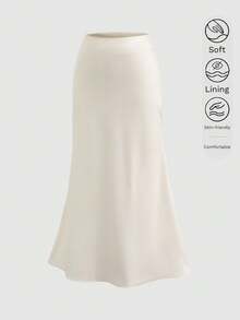 女士缎面长款连衣裙，优雅高腰真丝A字裙，适合鸡尾酒会、婚礼等场合 - 杏色 - 查看 7