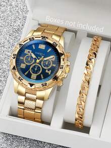 2pcs Set: Men's Steel Strap Triple Eye Numeric Scale Big Dial Quartz Wristwatch + Bracelet (Does Not Include Watch Box) - Gold - View 9