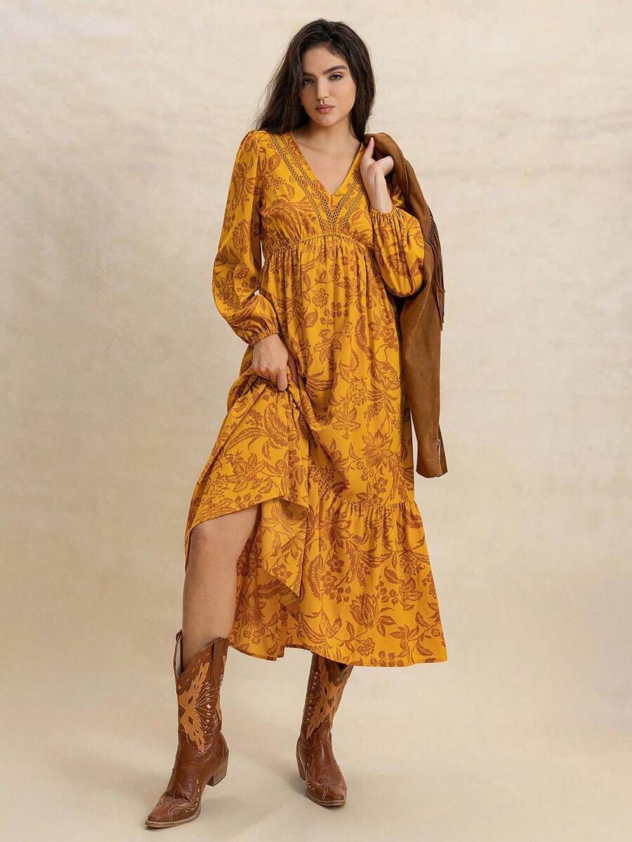 Rusttydustty Vestido romántico de mujer estilo bohemio con cuello en V, encaje y flores multicolor, adecuado para bodas, San Valentín, Año Nuevo y otras ocasiones, también apropiado para uso en fiestas