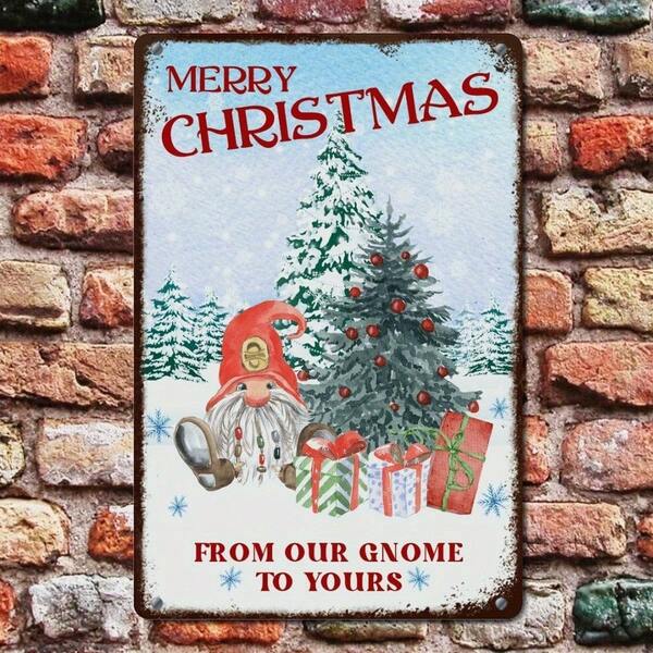 Vintage Weihnachts-Gnom Metallschild - Rustikales "Frohe Weihnachten von unserem Gnom an dich" Wanddekoration mit Schneeszene & festlichen Elementen - Ideal für Zuhause, Garage, Bar, Küche - Keine Stromversorgung nötig, vertikale Ausrichtung, Innen- und Außenschild | Rustikale Wandkunst | Metallblechschild