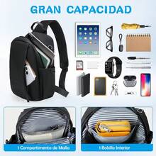 Mochila cruzada para hombres impermeable, ligera, con puerto para auriculares, mochila cruzada, bolsa para hombres, viajes, actividades al aire libre, negra - 1 - Ver 4