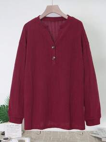 Plus Size Women V-Neck Button Casual Long Sleeve Pullover Top Spring - Wine Red - View 4