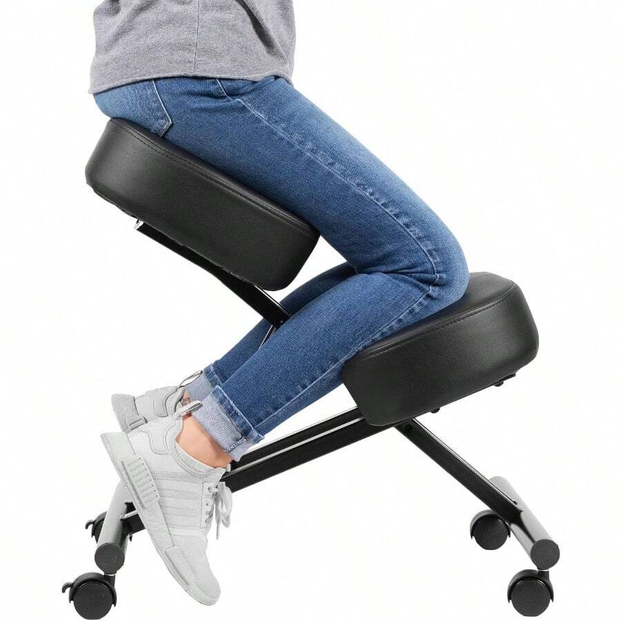 Silla ergonómica para arrodillar Taburete Ajustable para el hogar y la Oficina Mejora tu Postura con un Asiento en ángulo Cojines Gruesos y cómodos de Espuma Moldeada Ruedas de Freno - NEGRO - Ver 1